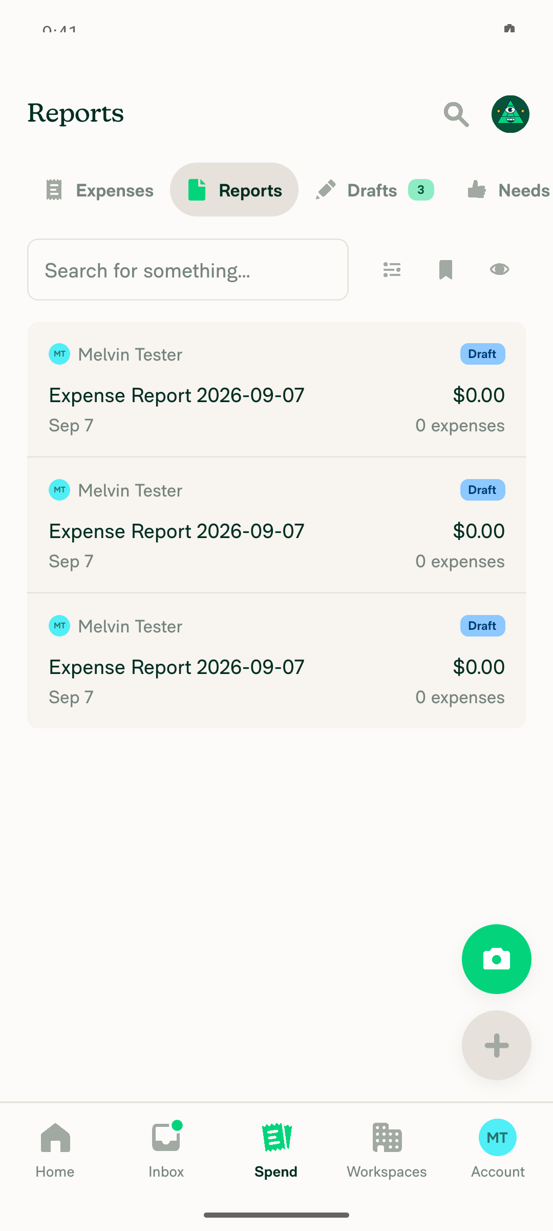 Spend > Reports screen with Drafts(3) tab badge
