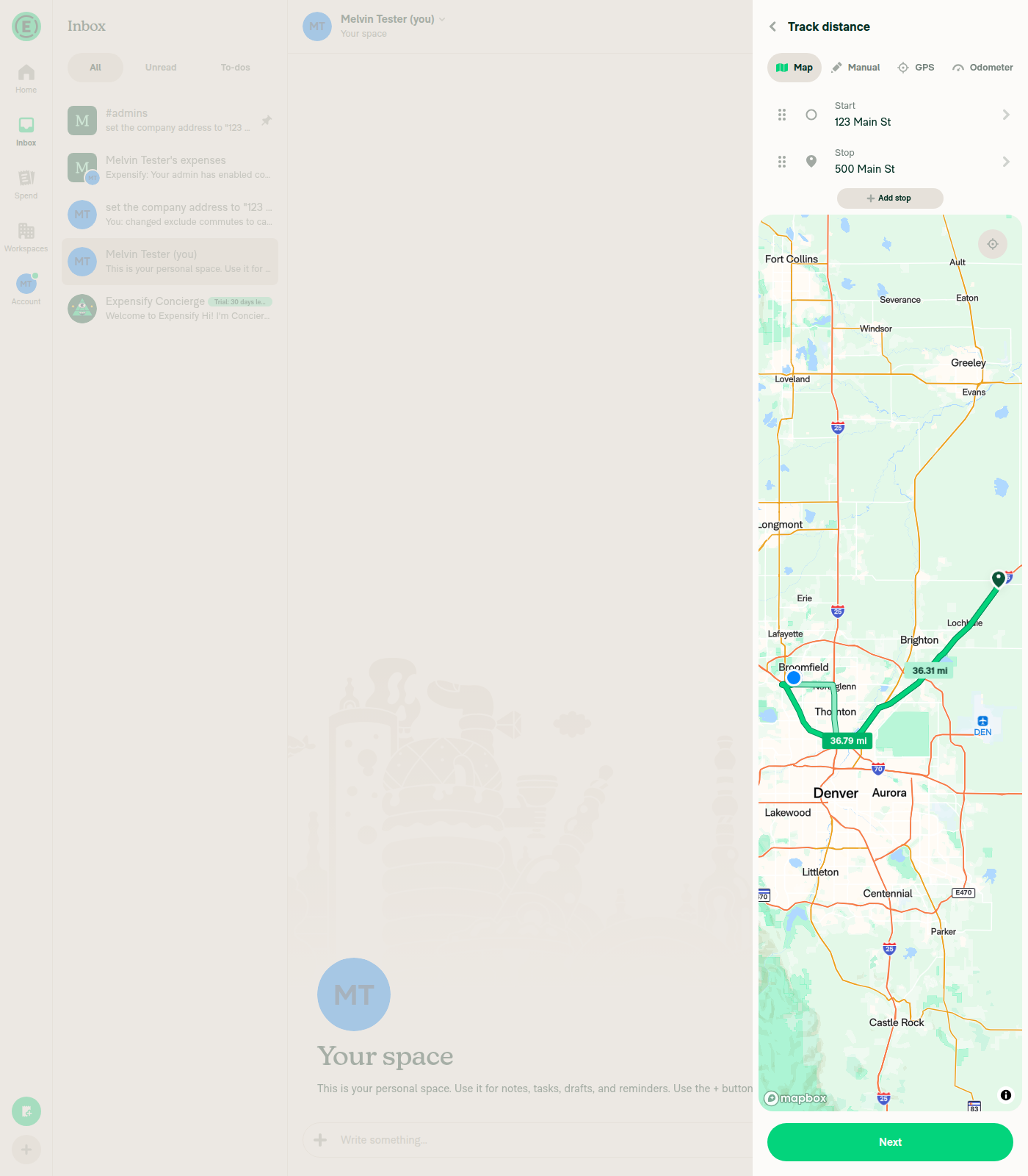 Map tab with Start 123 Main St, Stop 500 Main St and a routed line of 36.79 mi