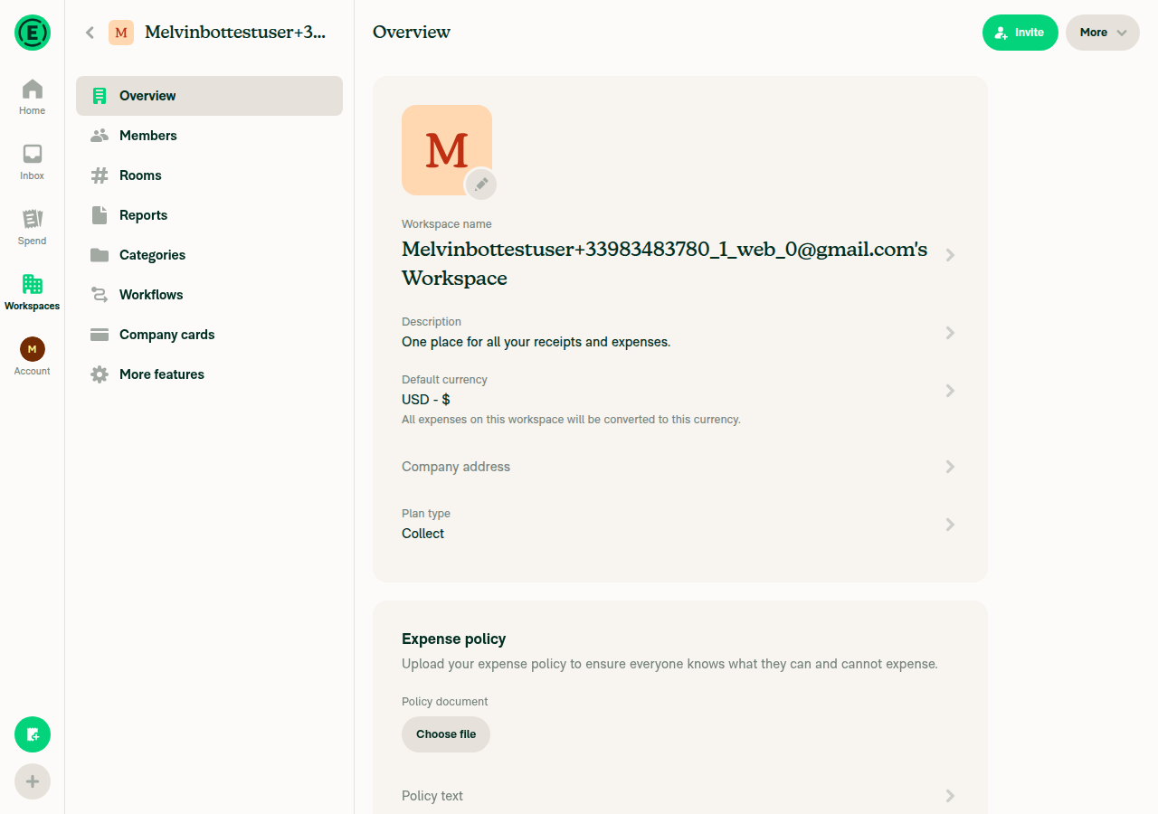 Workspace page with the workspace name as the top bar label