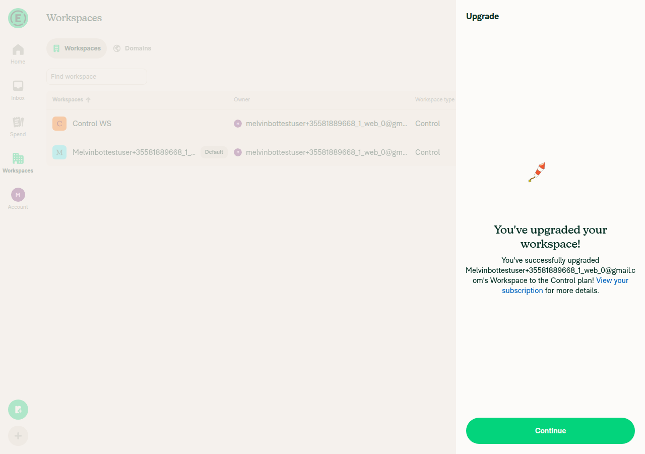 Upgrade success view with Continue button