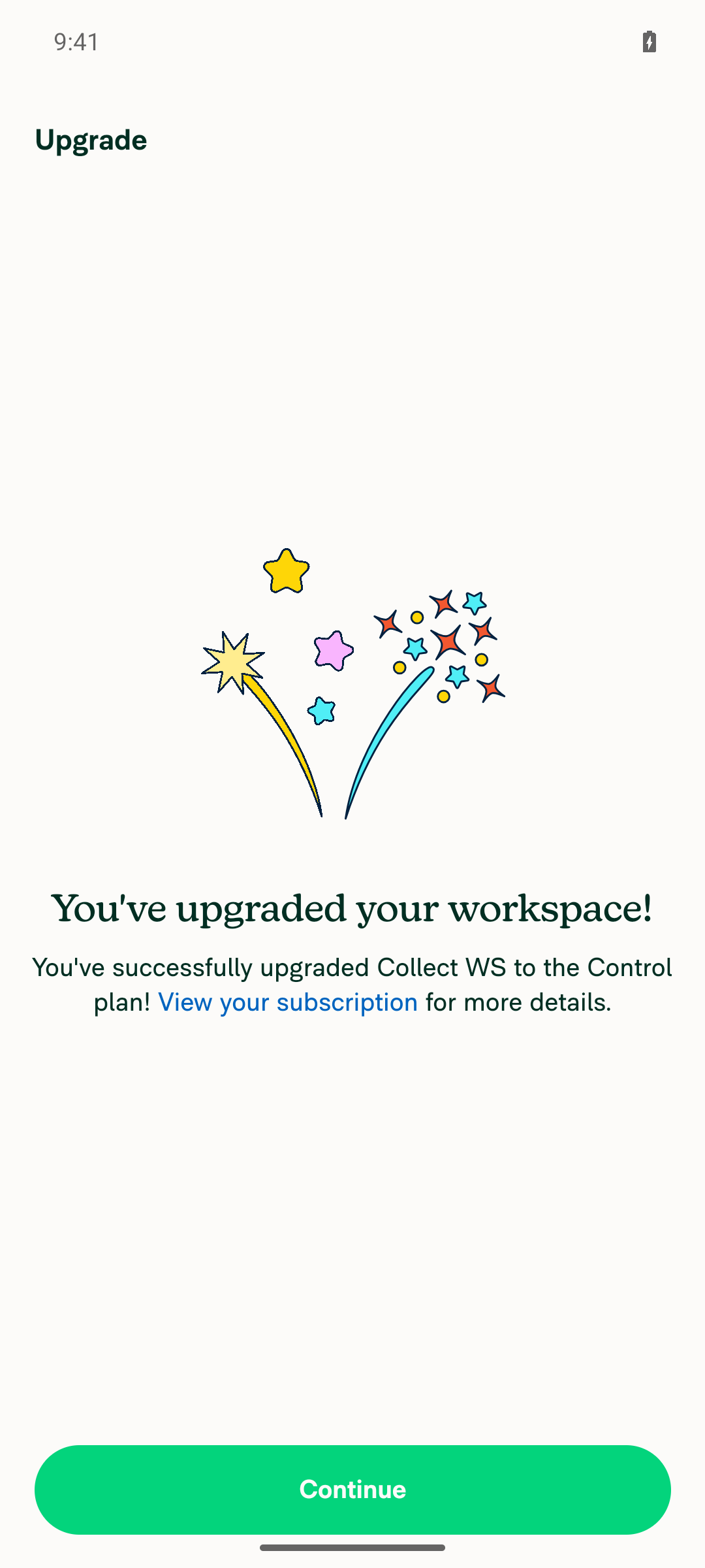 Upgrade success view for Collect WS with Continue button