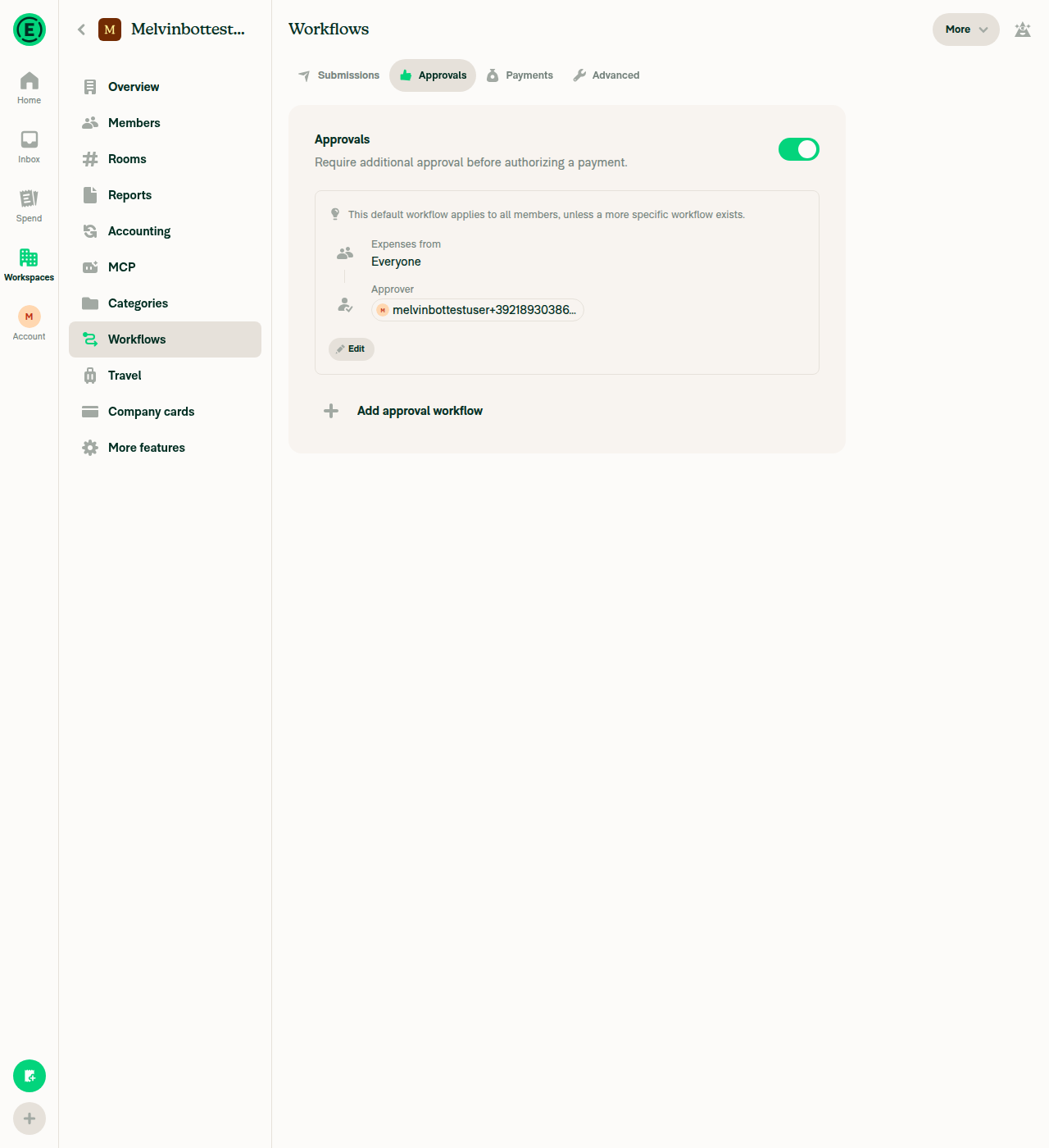 Workflows Approvals tab with approval settings