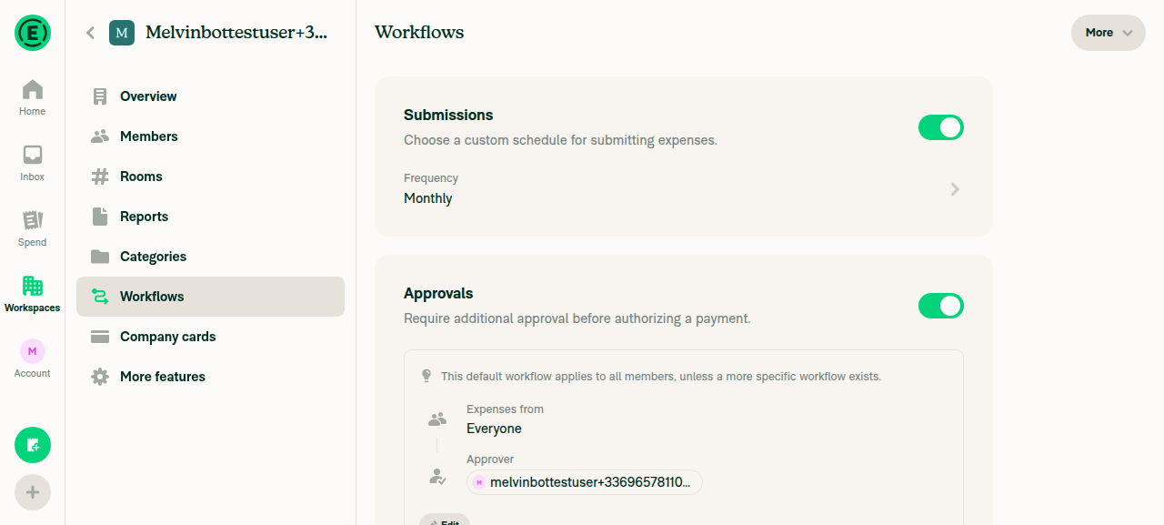 Workflows page showing Submissions enabled and Frequency set to Monthly