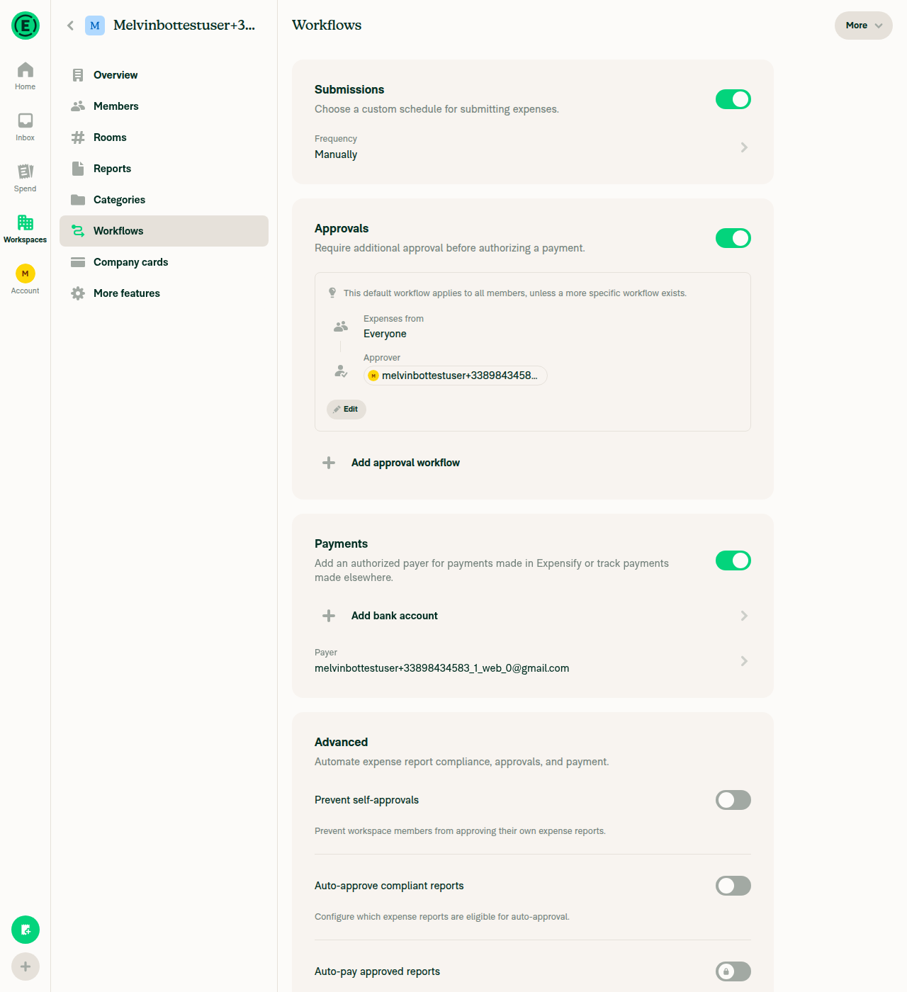 Workflows page Payments section showing Add bank account button and Payer row