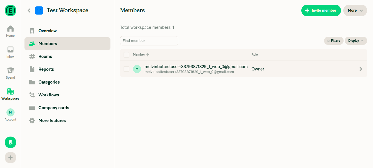 Workspace left-hand settings menu with all 8 labeled tabs