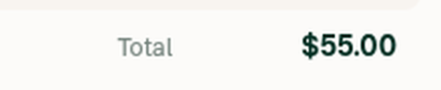 Zoom of the report footer: small grey Total label next to the bold $55.00 amount