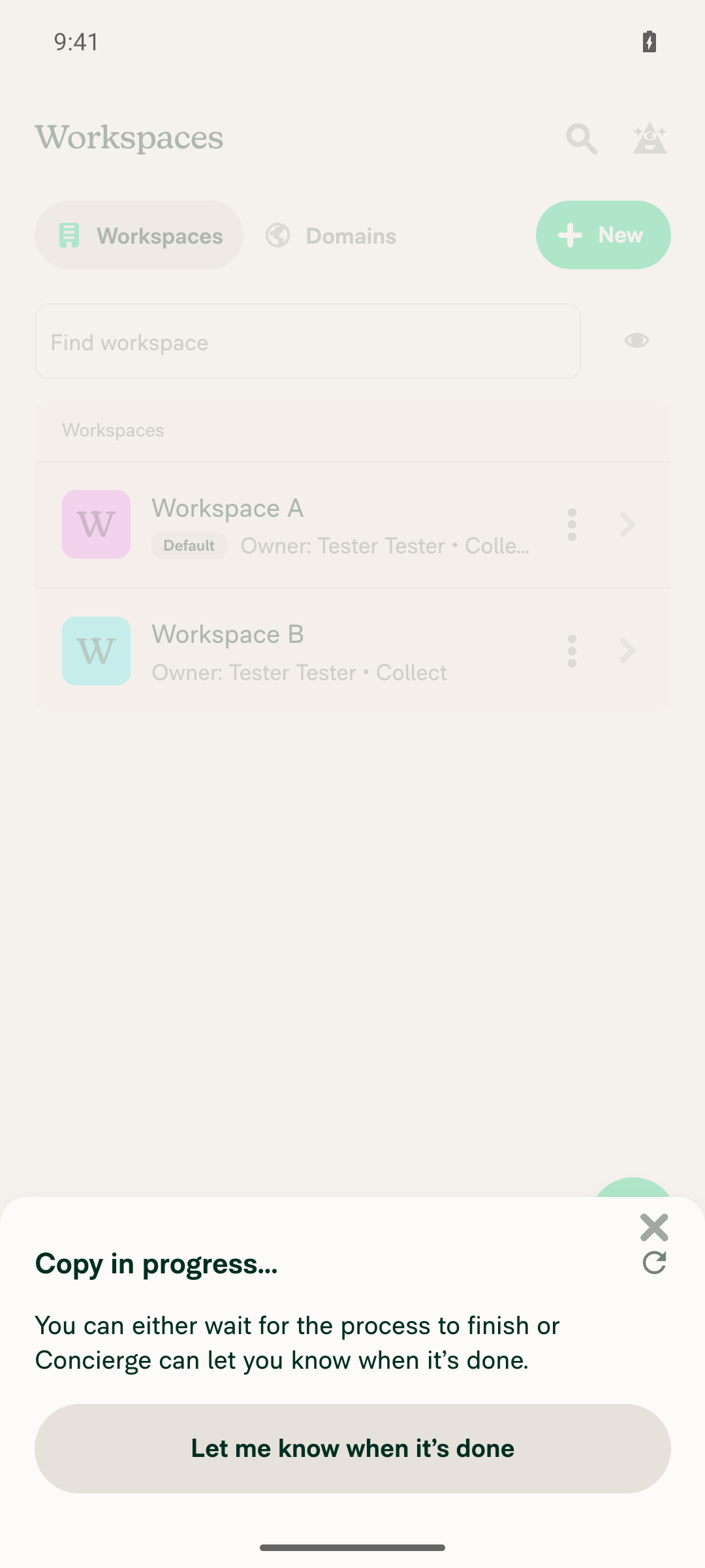 Copy in progress modal with X close icon top-right