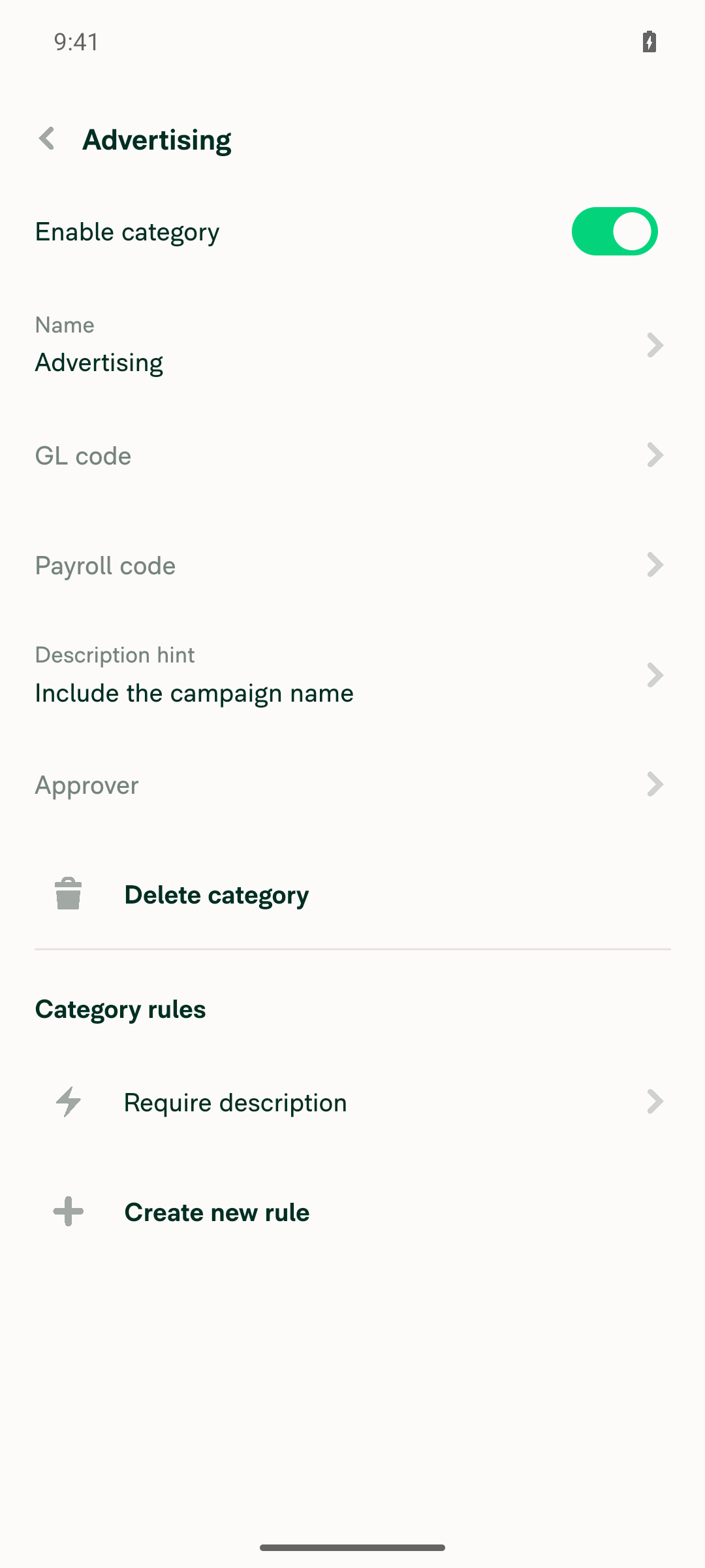 Advertising category showing Require description rule