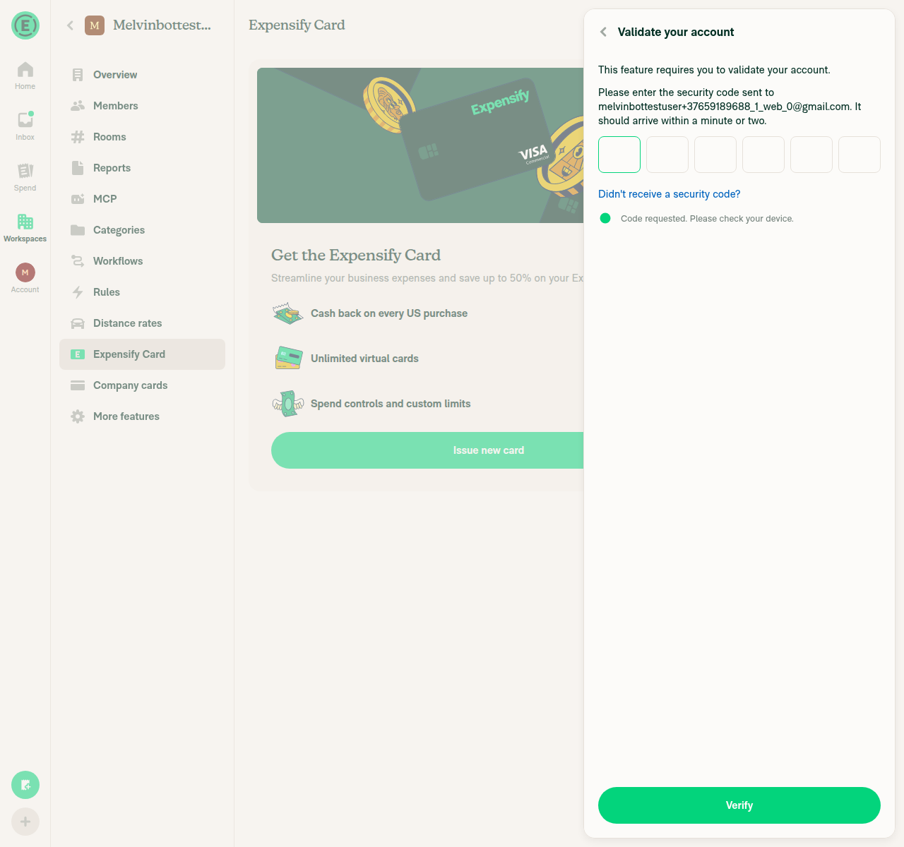 Expensify Card issuance blocked by email verification code