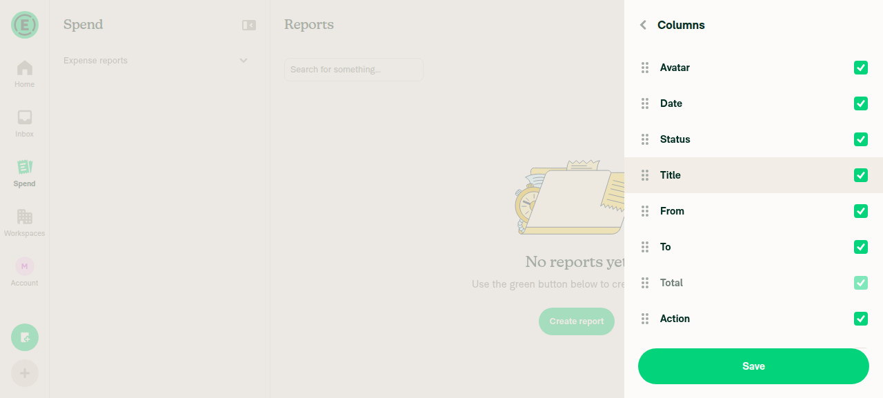 Columns picker on the Reports view showing the Paid by entry