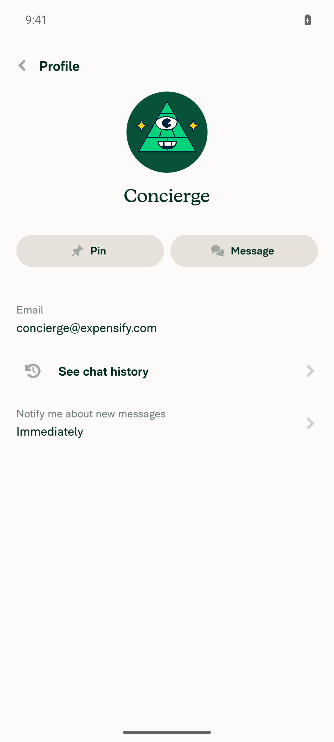 Concierge profile showing See chat history