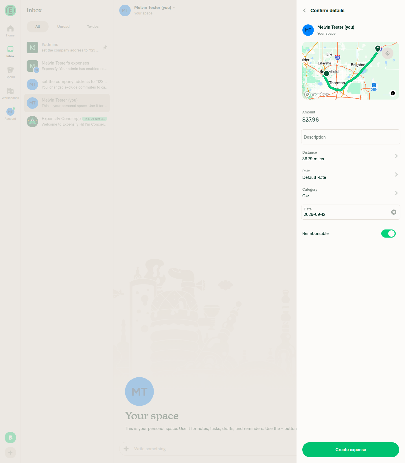 Confirm details screen for the Self-DM distance expense, no home address modal