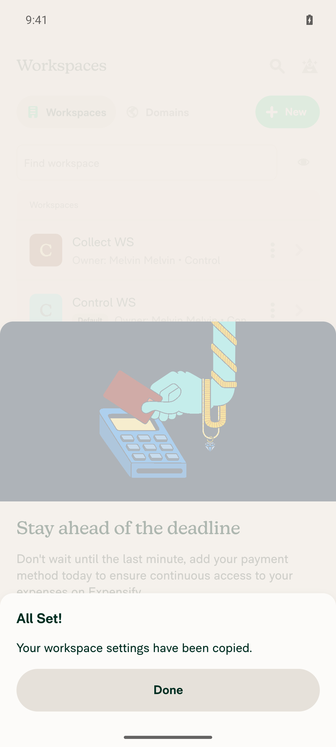 All Set! Your workspace settings have been copied - no failure error