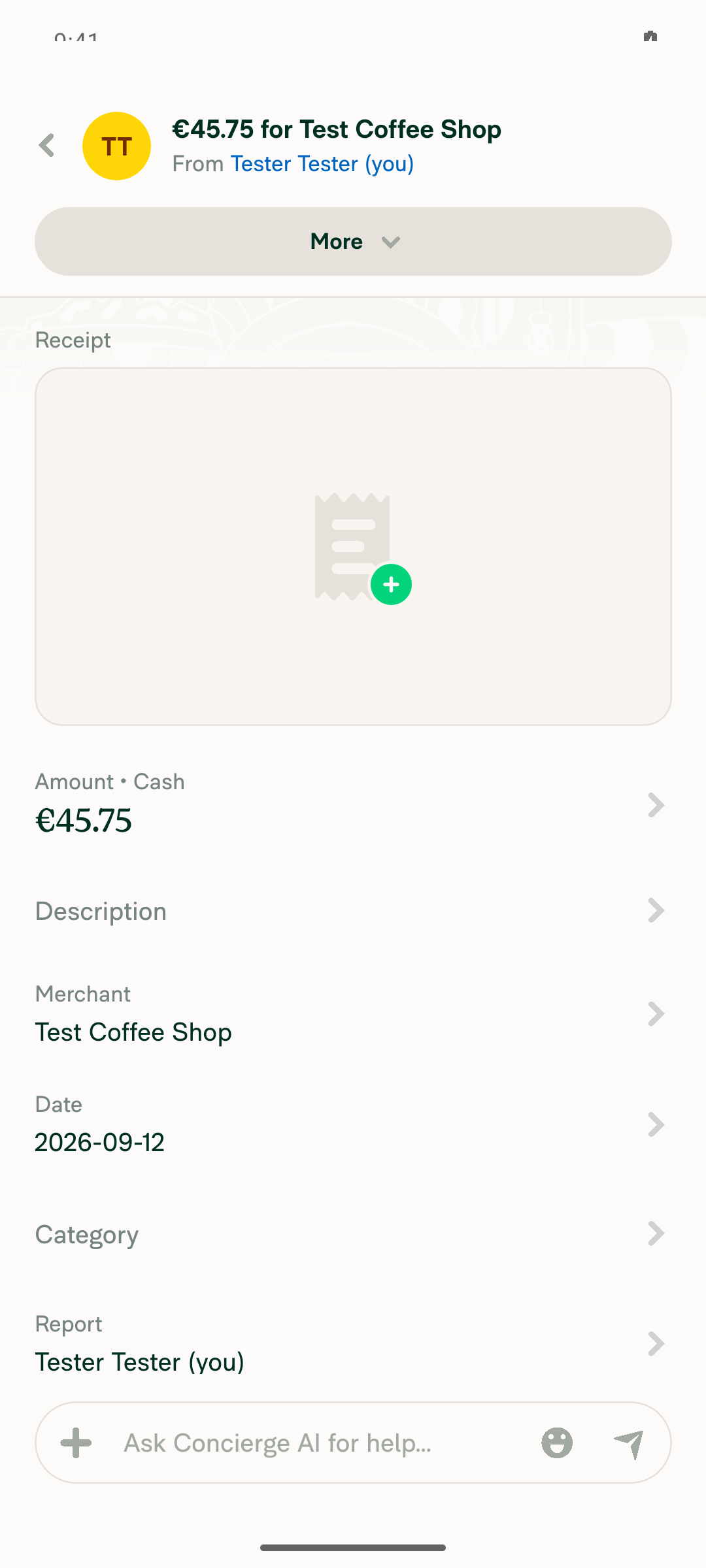 Expense detail page showing amount saved as EUR 45.75 after currency change