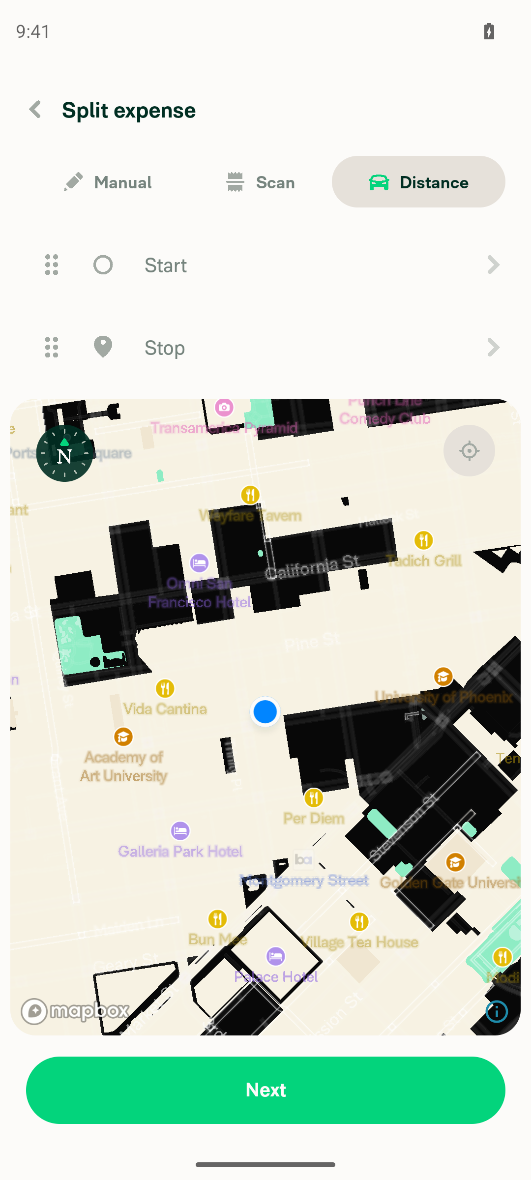 Distance tab selected in Split expense with Start and Stop fields visible on map