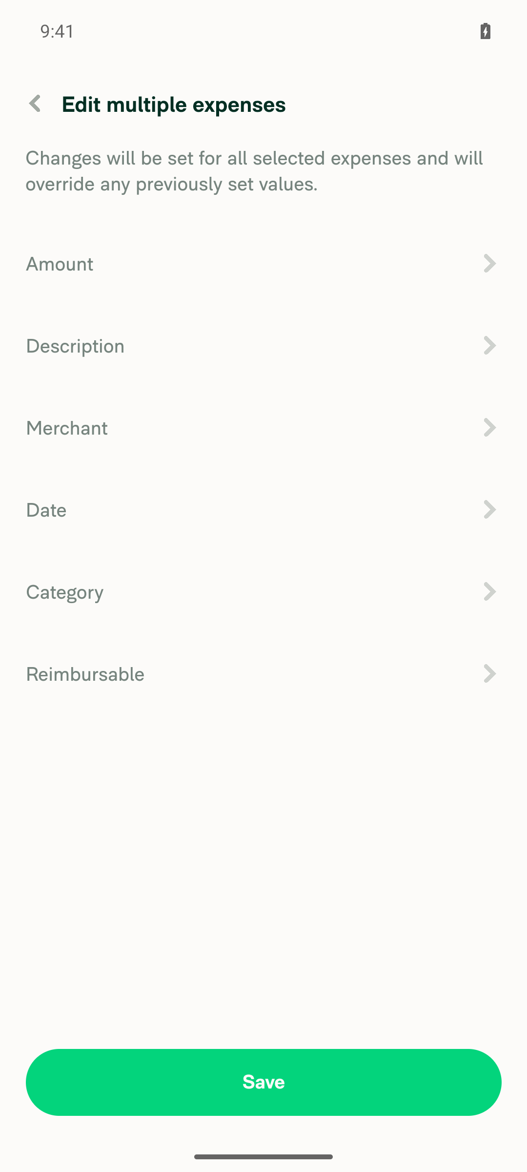 Edit multiple page showing Category and Reimbursable rows
