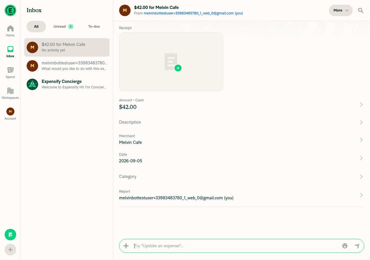 Expense detail view with Amount, Merchant, Date supporting lines