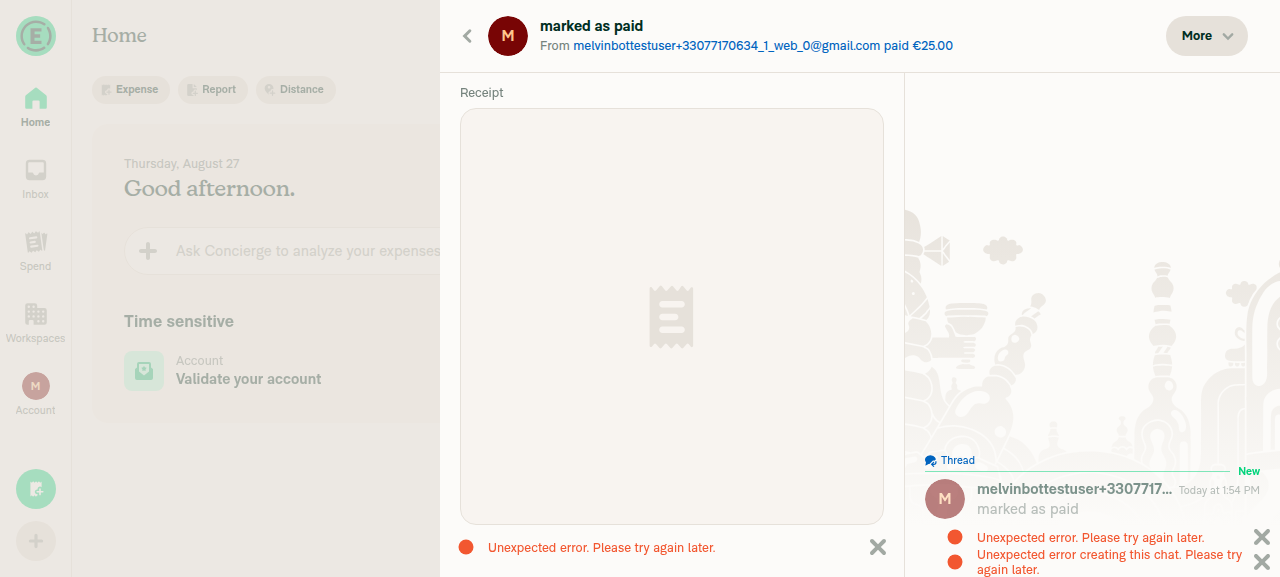 Opened from Recently added: main pane shows the expense report detail view (Receipt section)