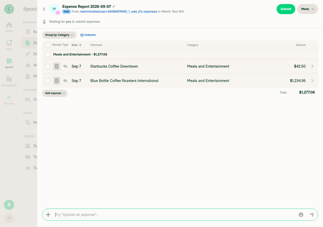 Expense report table at 1280px with full-width column headers, group header row and untruncated rows