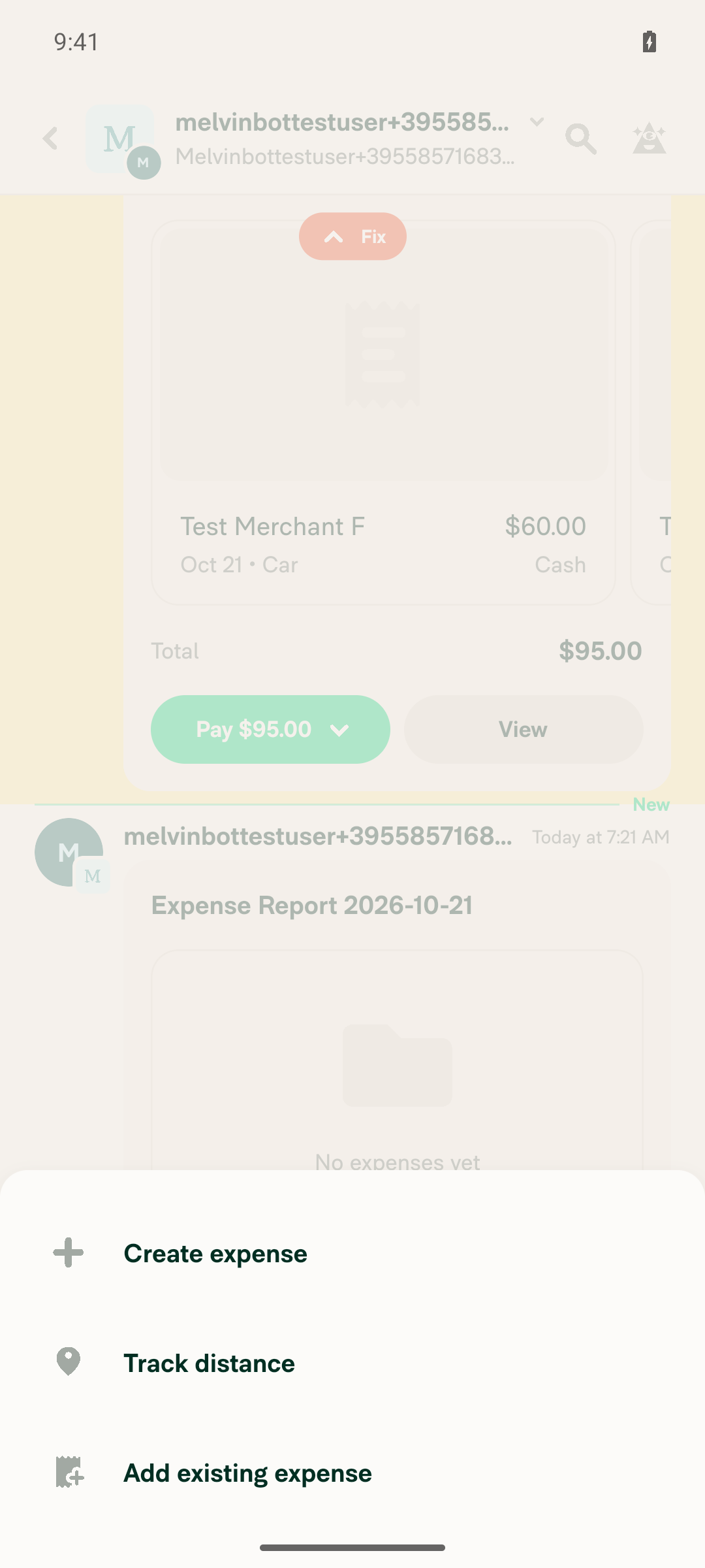 App frozen on the Create expense quick-action sheet