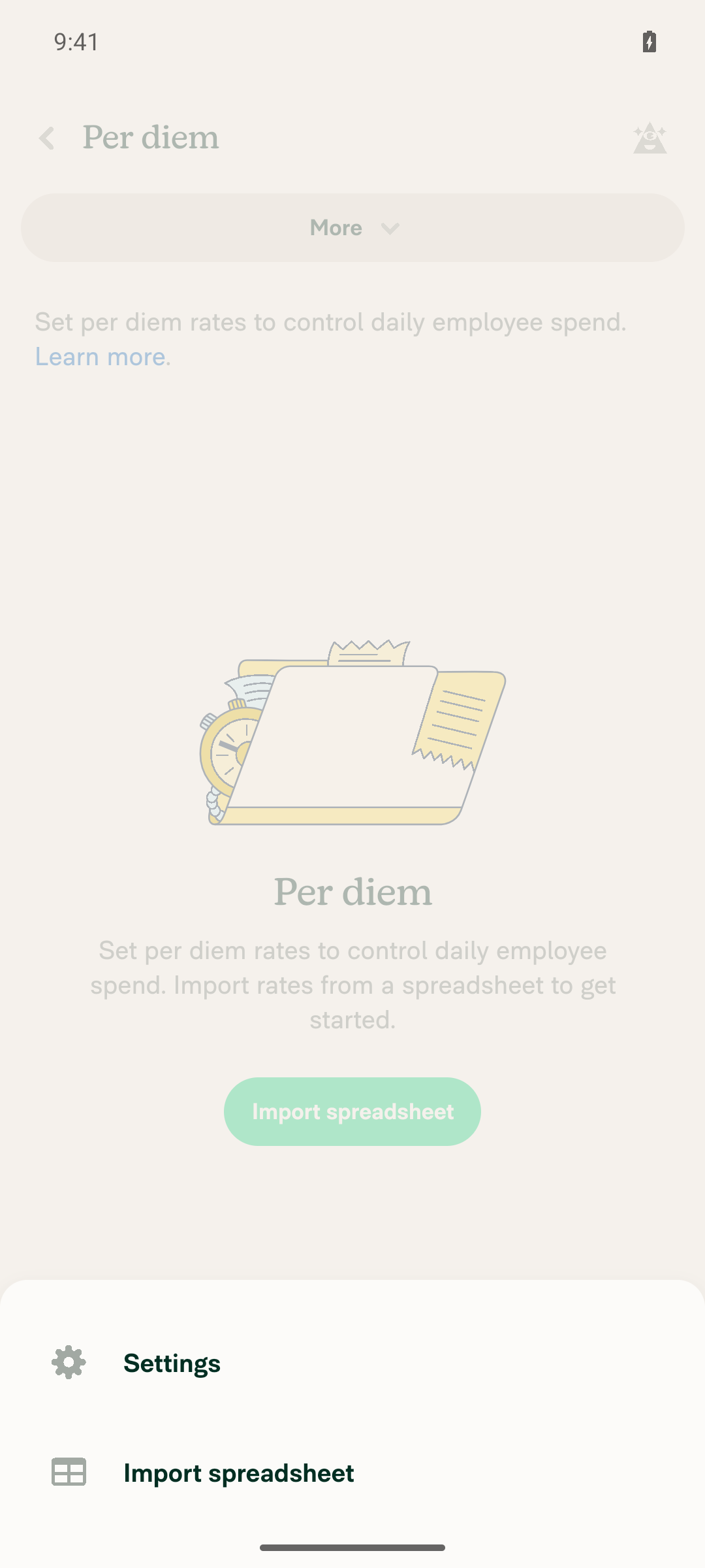Final frozen state: Per diem More menu popover stuck on screen, unresponsive to all input