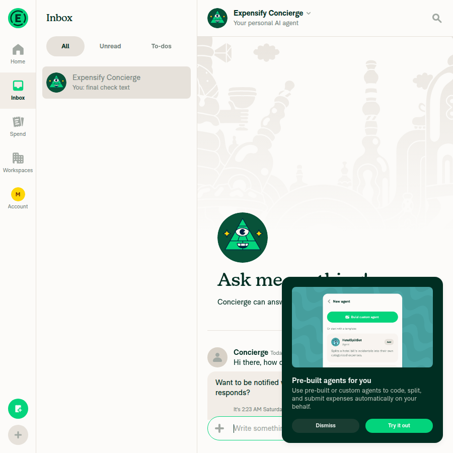 Inbox confirms the Ask Concierge message was delivered to the Concierge chat despite no visual panel opening