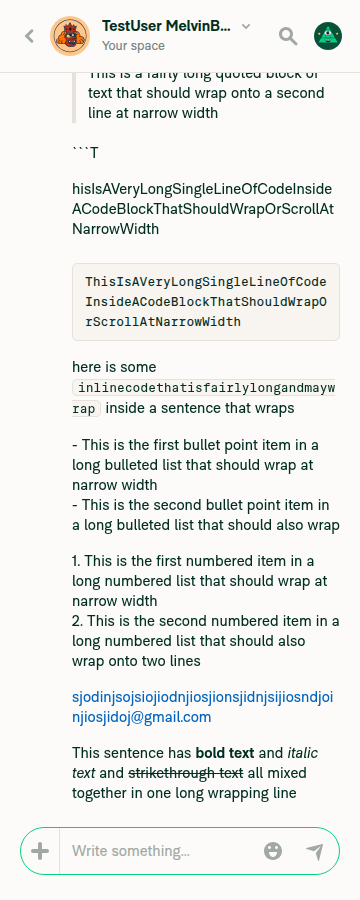 Narrow viewport: inline code, lists, sole long auto-linked email (left-aligned wrapping 2nd line), bold/italic/strikethrough mix