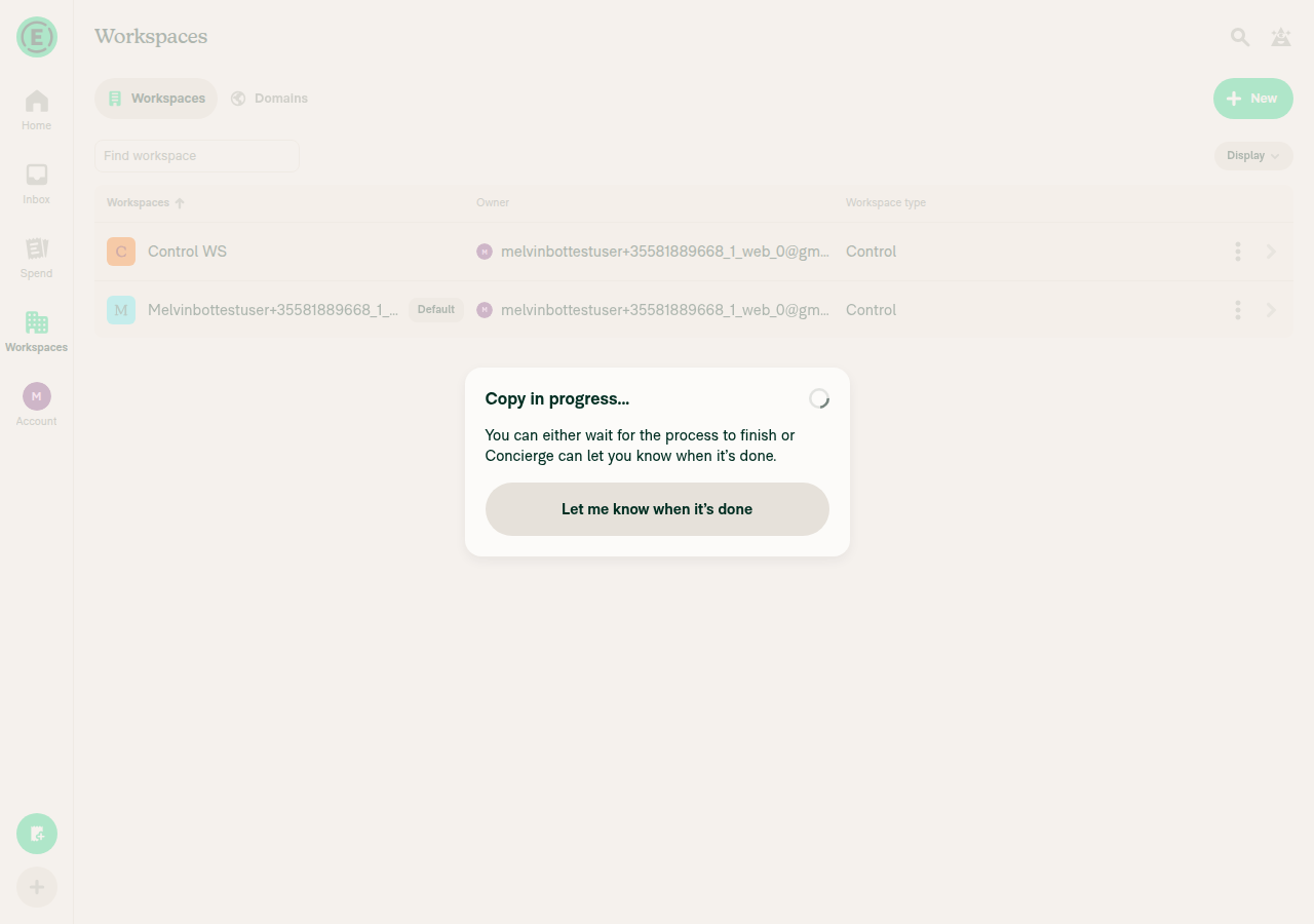 Copy in progress modal immediately after starting the copy, no error
