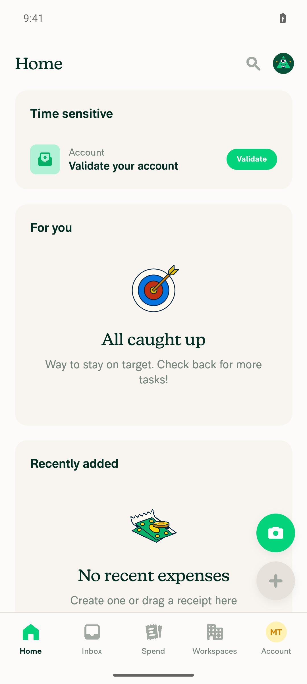 Home screen after onboarding complete showing both FABs