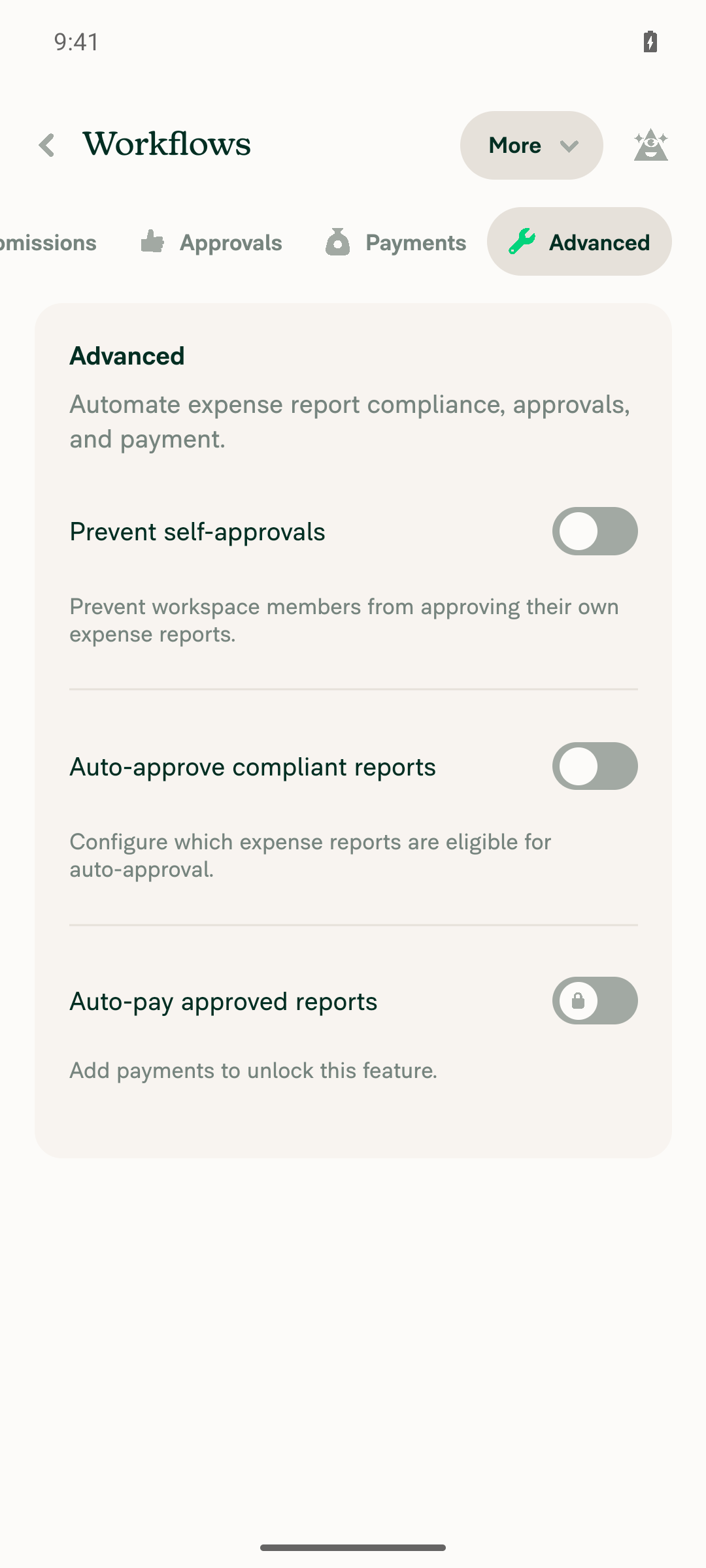 Prevent self-approvals toggle disabled (grey/off)