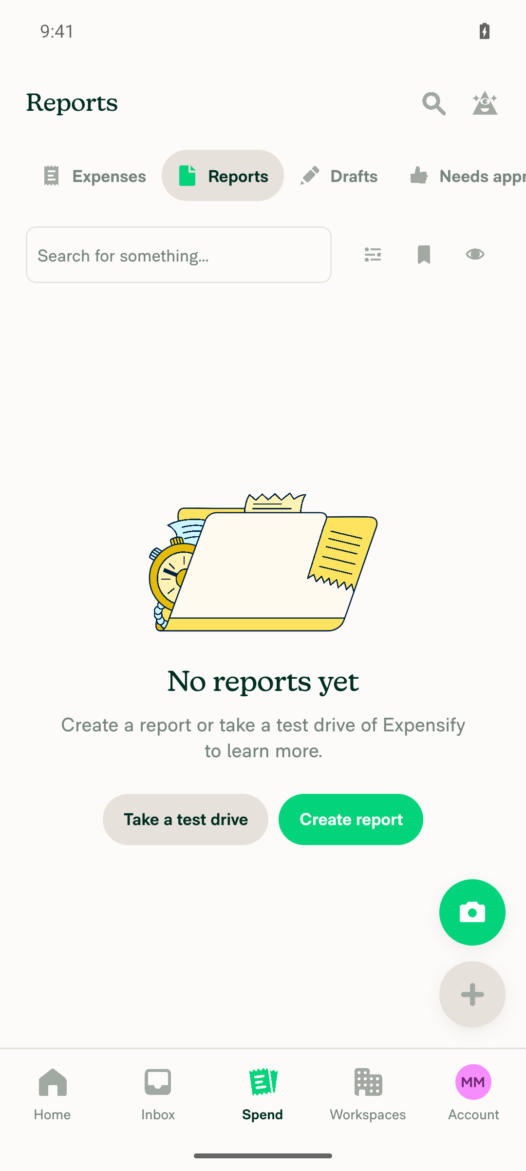 Reports tab showing normal empty state, no Collect-plan paywall
