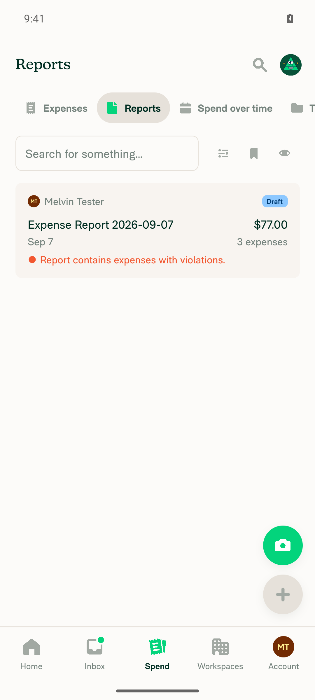 Spend > Reports sub-tab on Android: single report card row, no transaction table