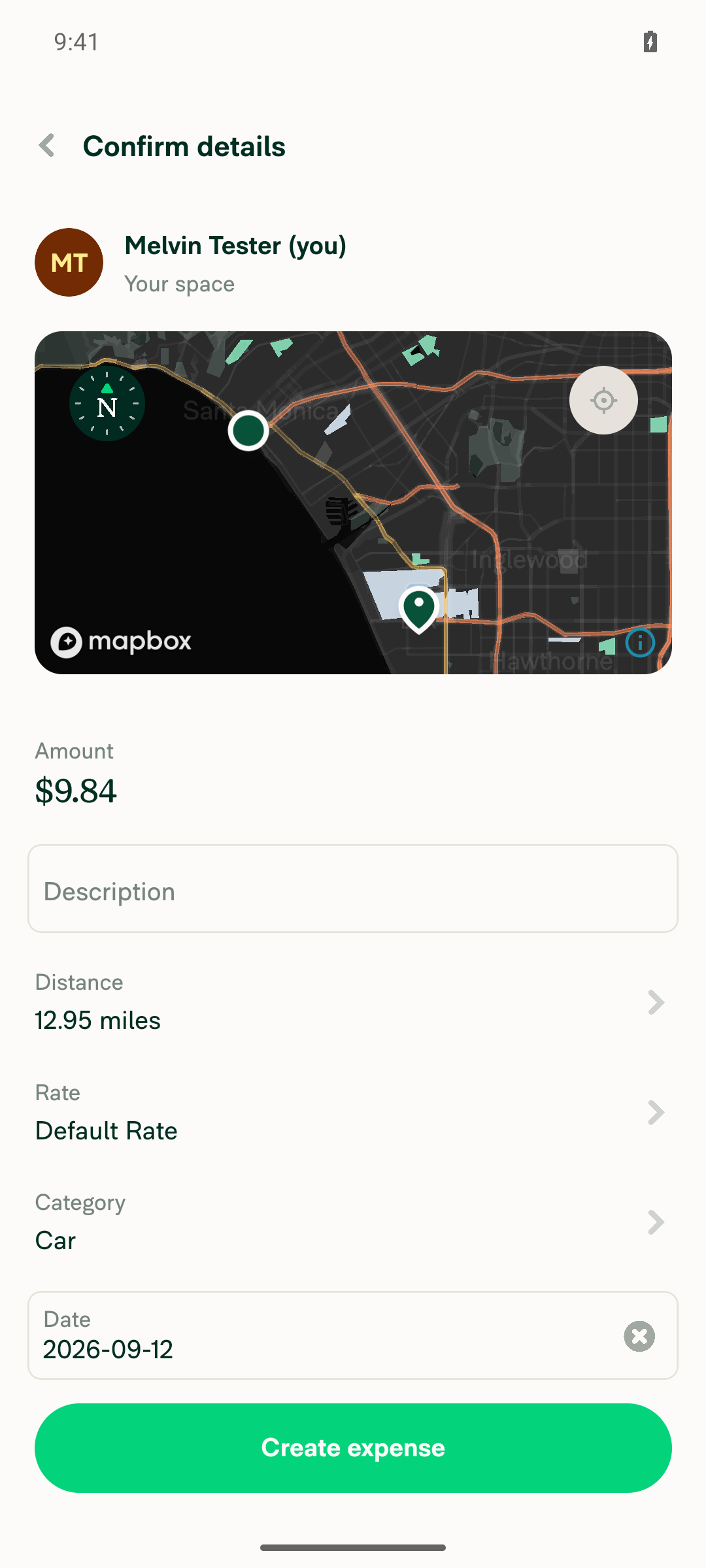 Confirm details screen for the Self-DM distance expense, no modal present