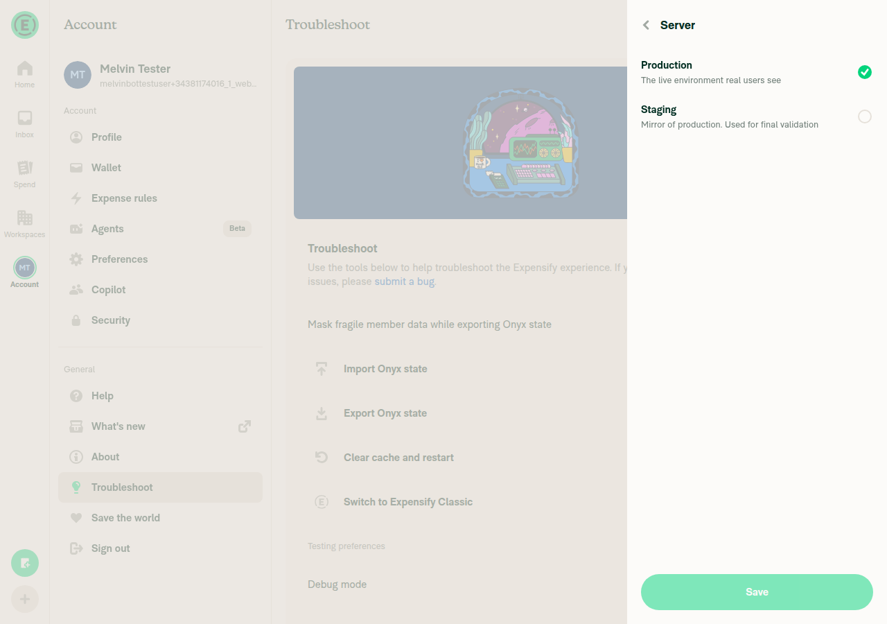 Server page with Production selected and Save disabled