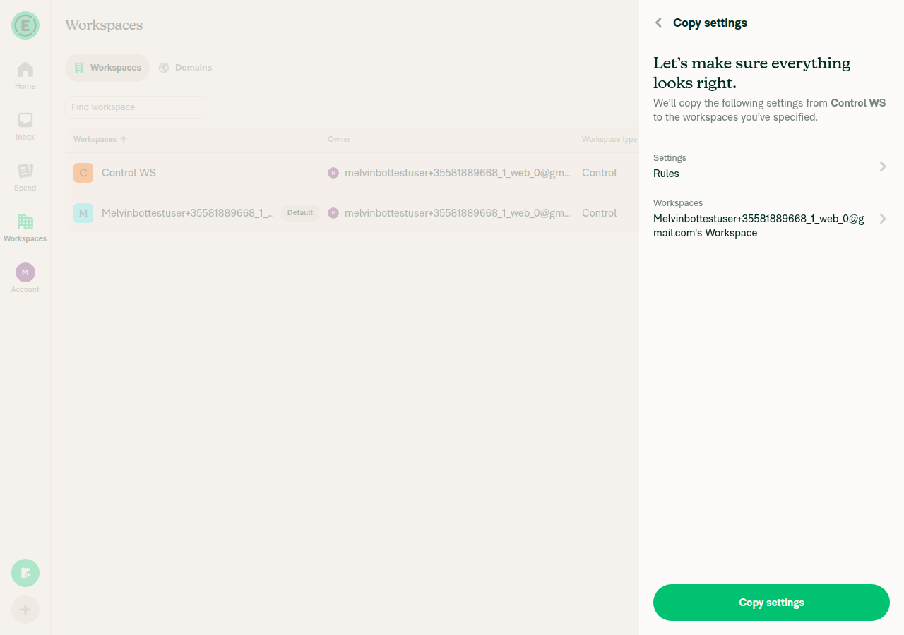 Confirm step summarising Settings: Rules and the destination workspace
