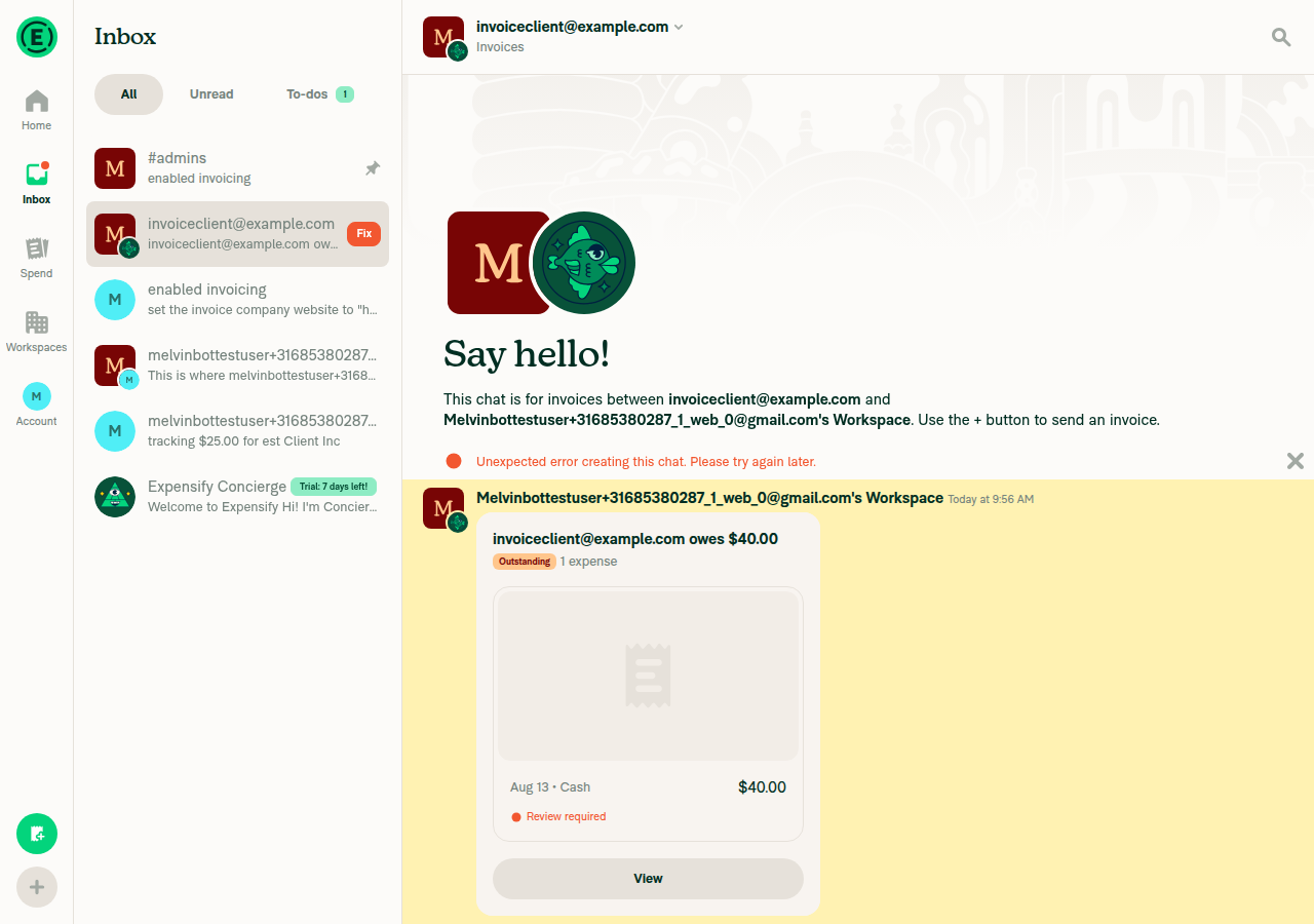 Invoice room showing Auth SendInvoice backend error