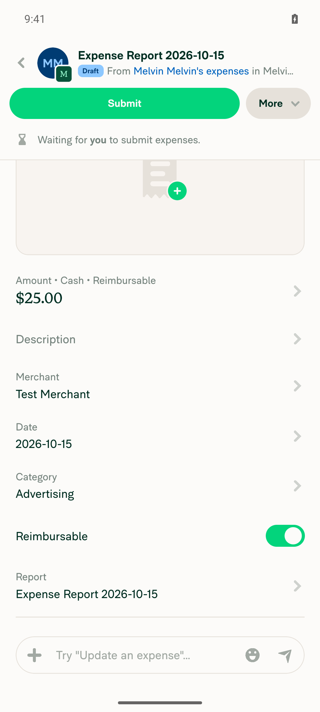 Cash expense showing editable Reimbursable toggle