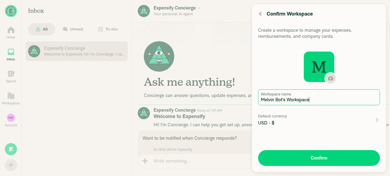 Confirm Workspace page opened from Inbox tab via FAB