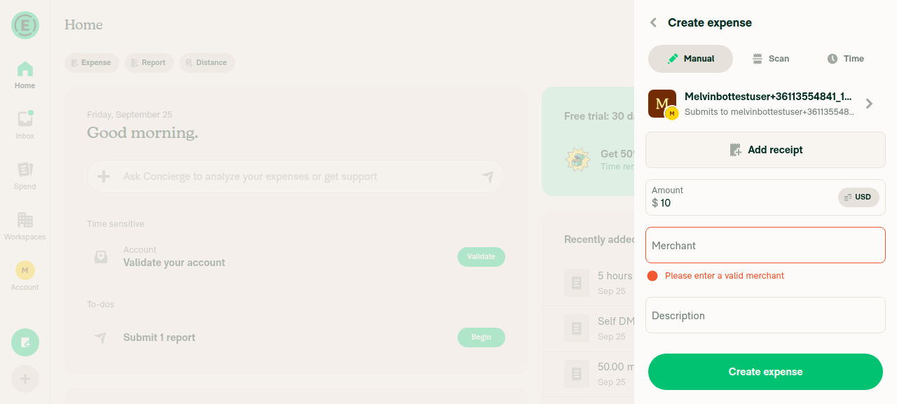 Date click landed on Create expense
