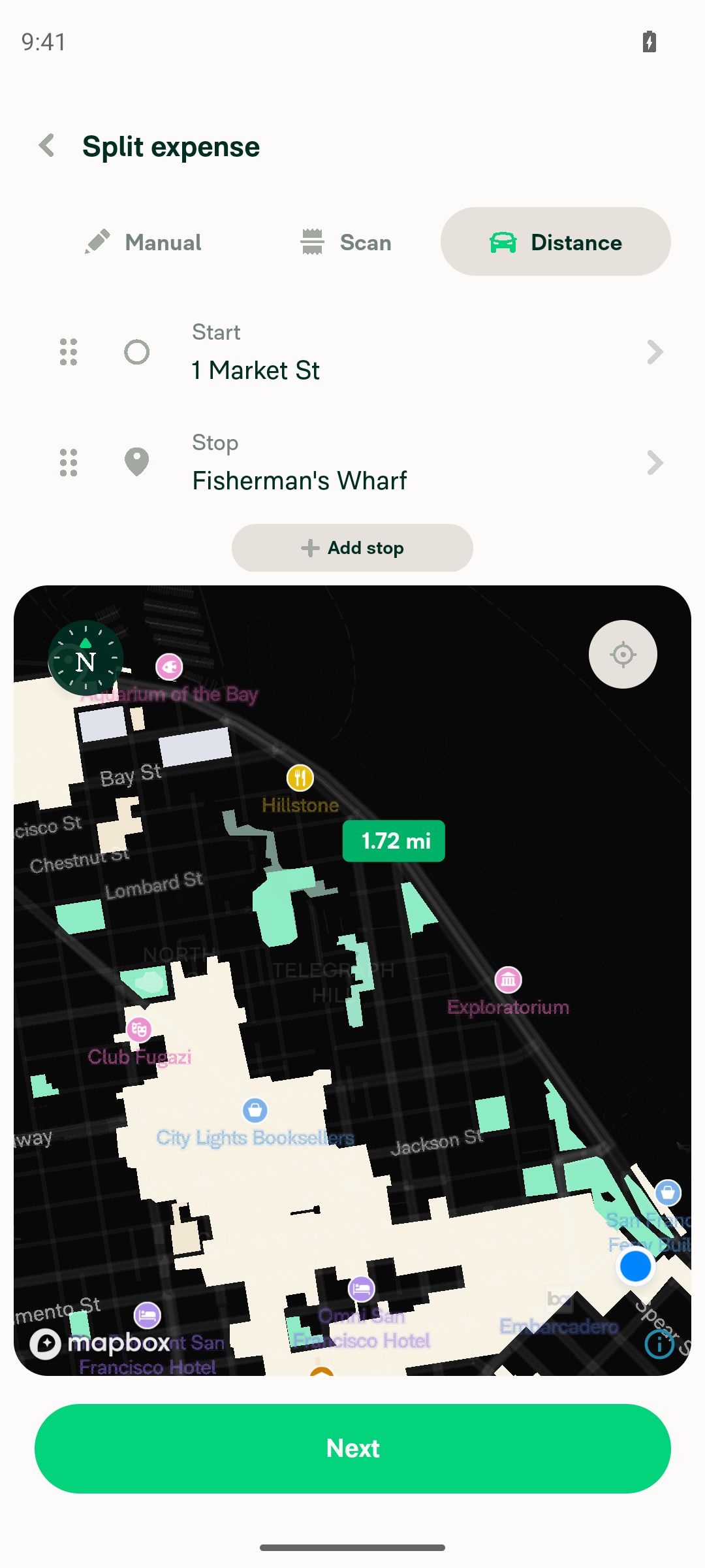 Route entered: Start=1 Market St, Stop=Fisherman's Wharf, distance 1.72 mi shown on map
