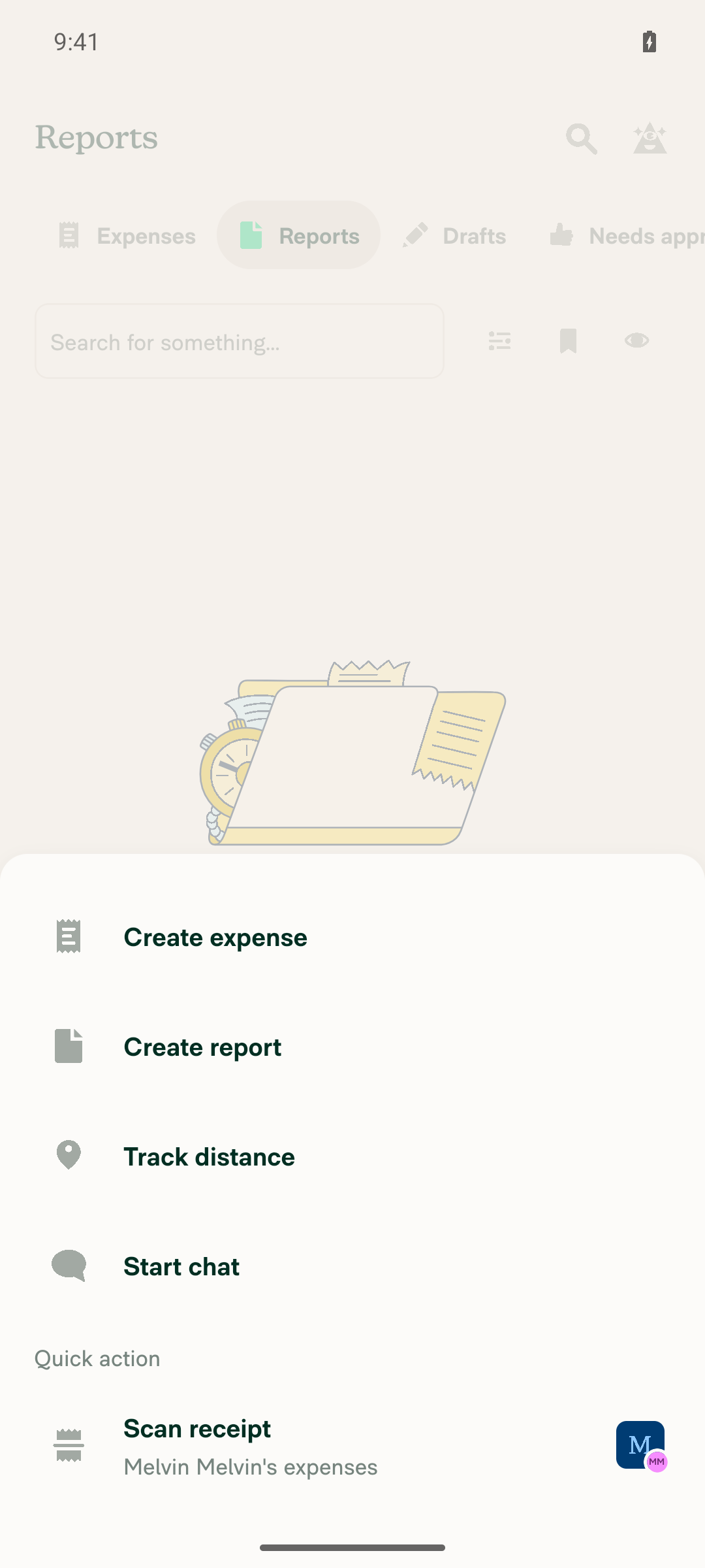 FAB actions menu with Create report option