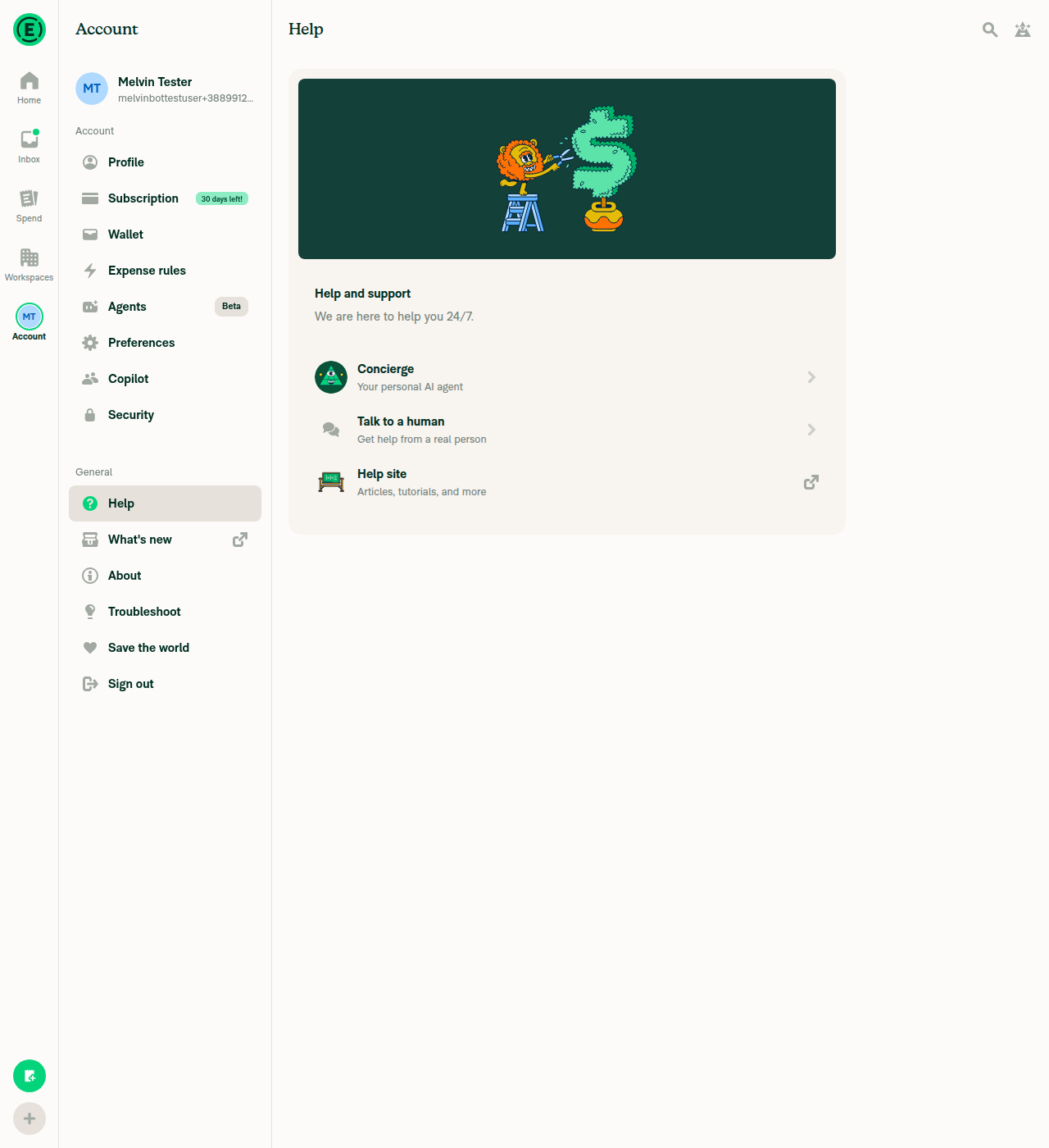 Account > Help page showing Talk to a human
