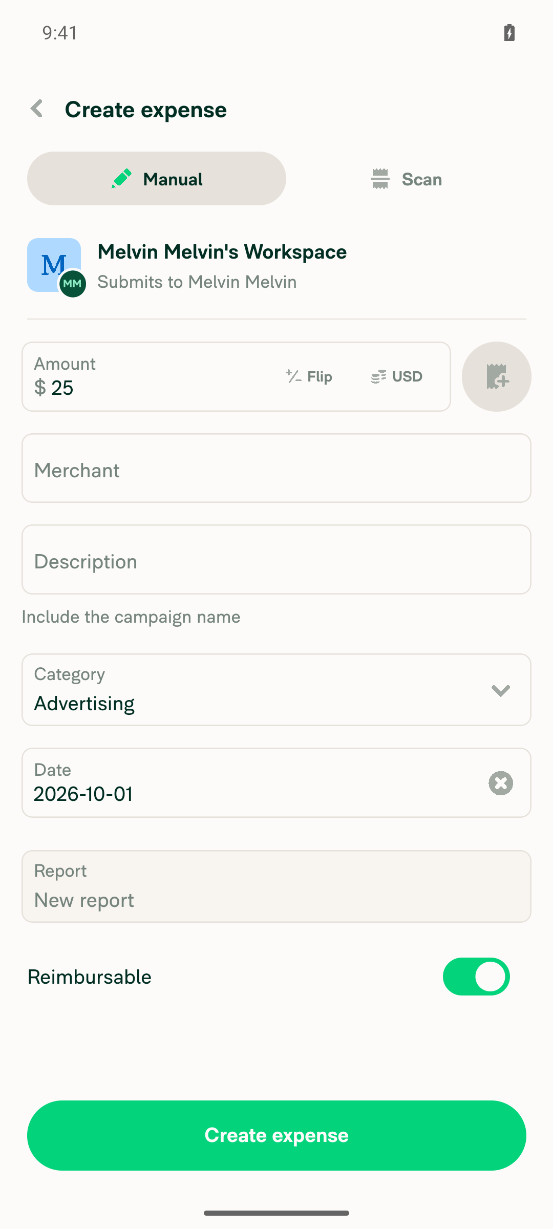 Confirmation screen with hint shown under Description field
