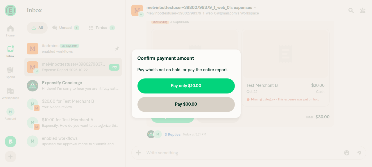 Hold menu from report preview with Pay only and Pay full options