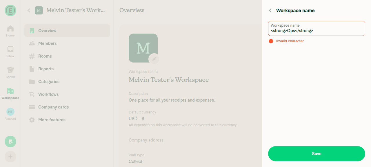 Workspace name field showing <strong>Ops</strong> rejected with an Invalid character error