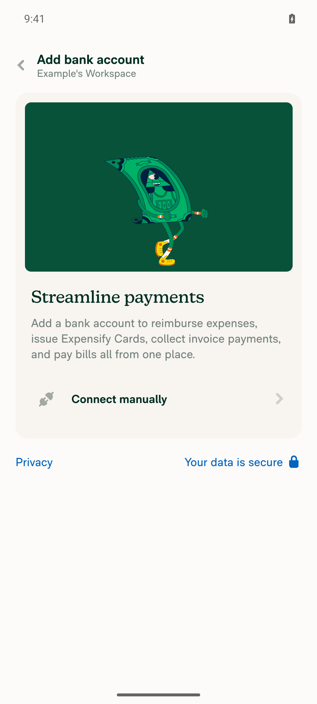 Add bank account page shown instead of Add work email