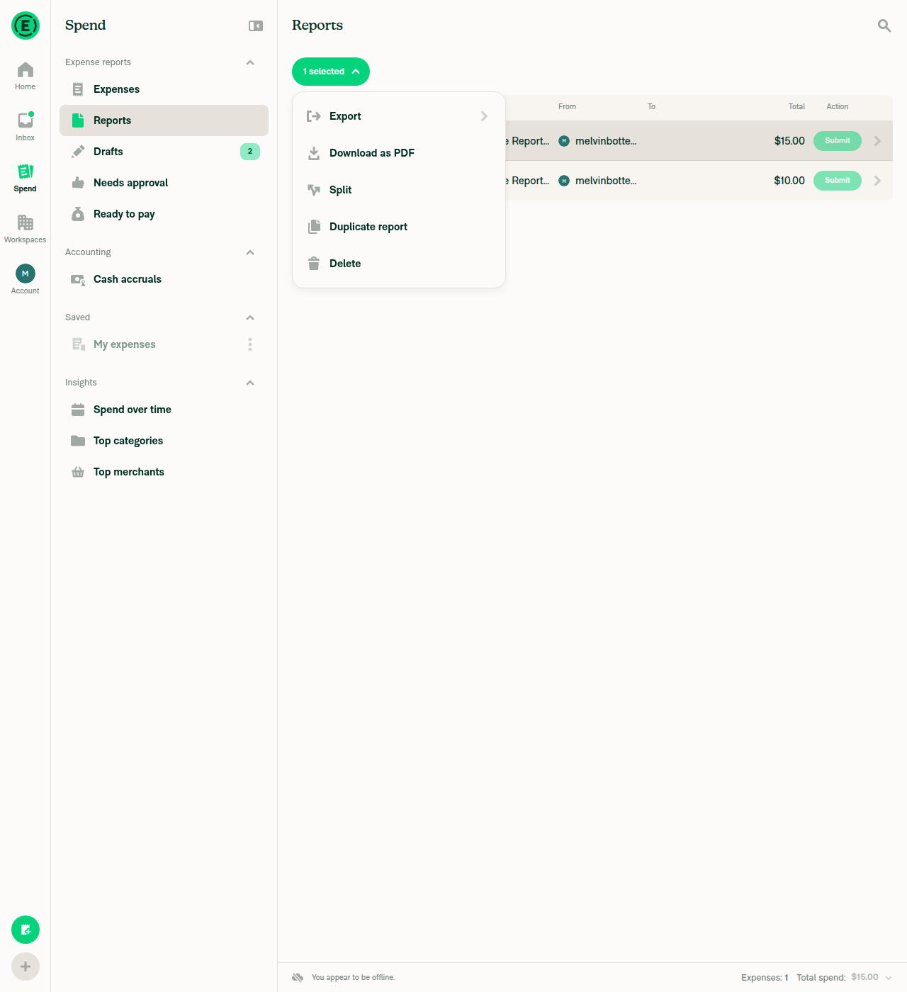 Bulk-action dropdown without Merge reports when only 1 report is selected