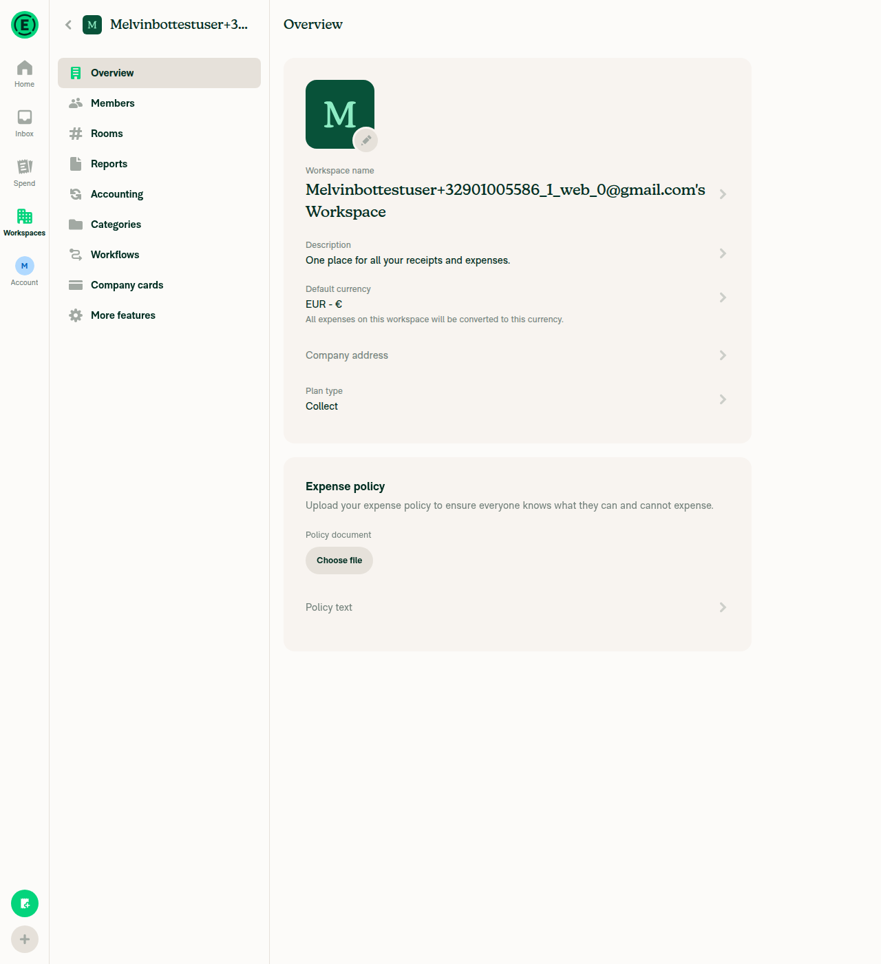 Workspace Overview showing Plan type Collect on trial