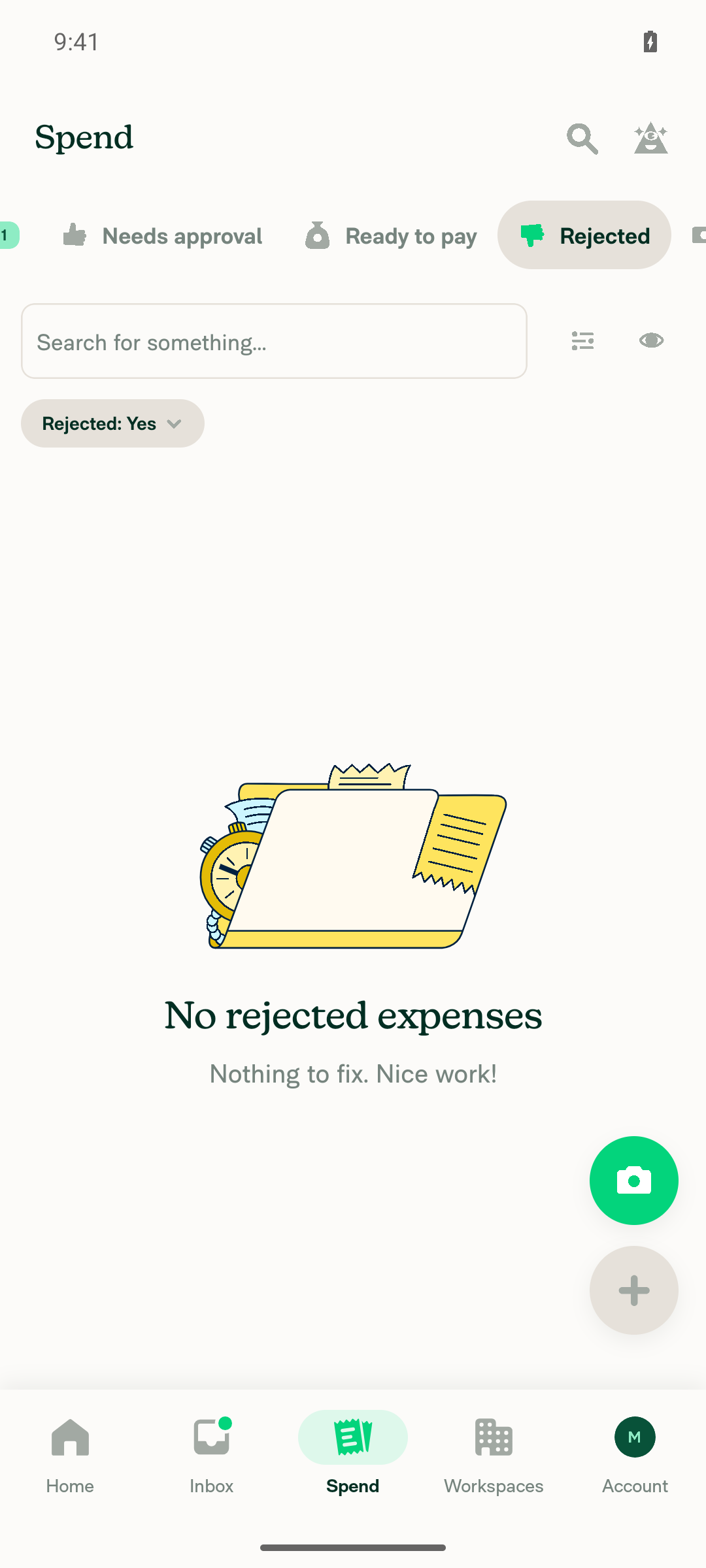 Rejected filter applied, No rejected expenses empty state