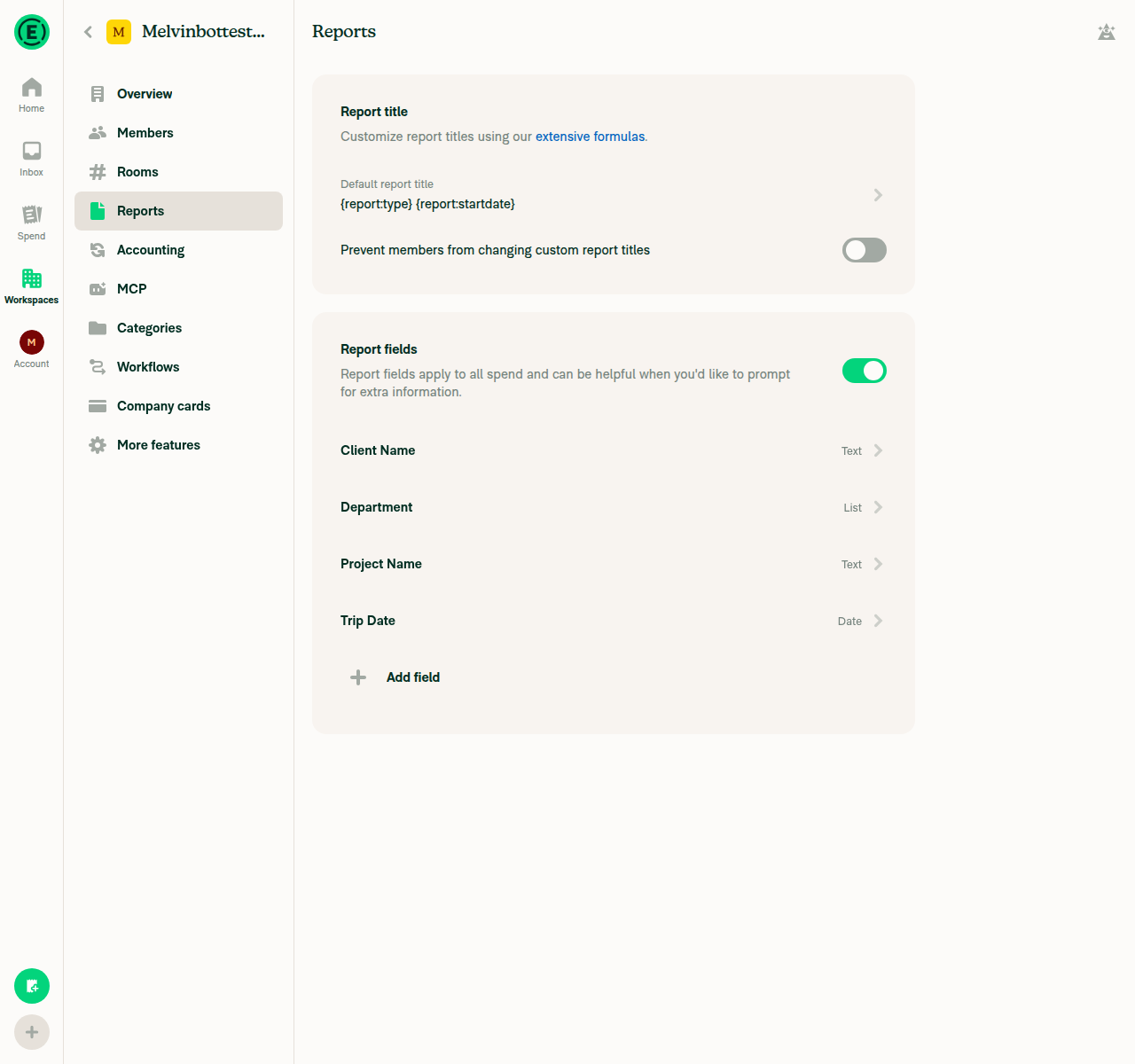Workspace report fields configured: Project Name, Trip Date, Department, Client Name